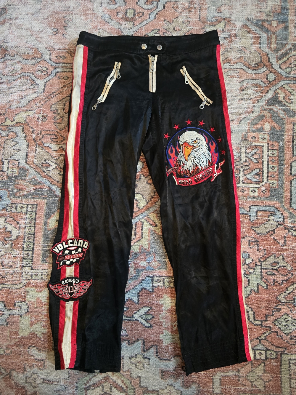 Black Track Pants with Red & White Side Stripes and Eagle Patch